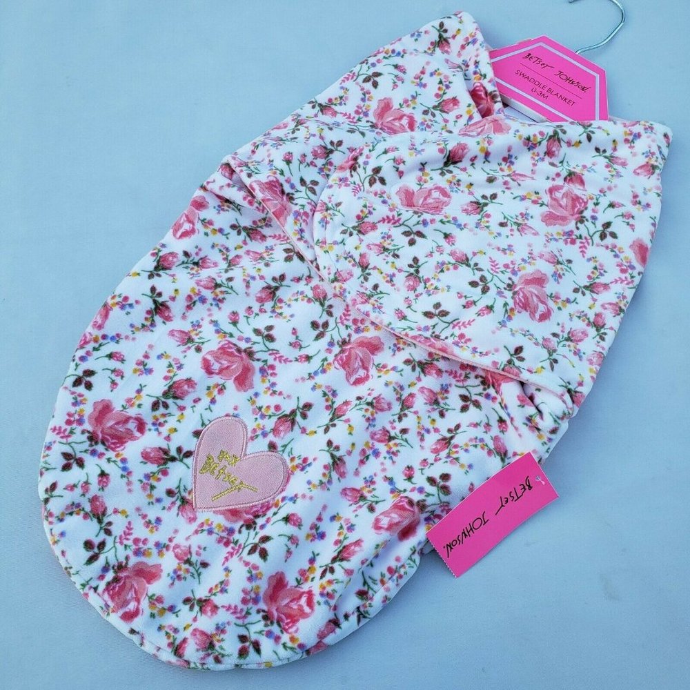 Betsey Johnson White Pink Floral Baby Swaddle Blanket